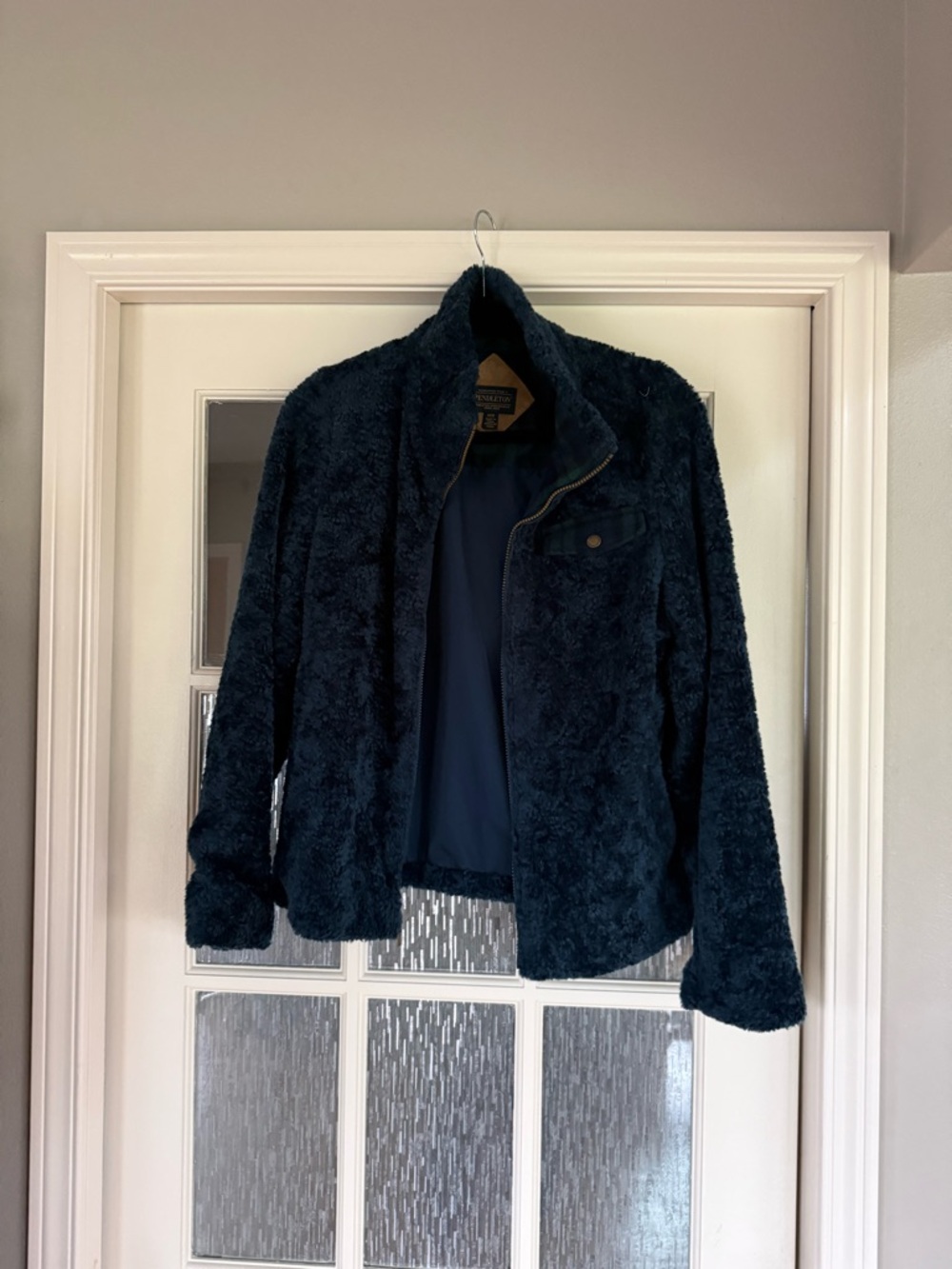 Pendleton Dark Navy and Green Plush Teddy Zip-Up Jacket